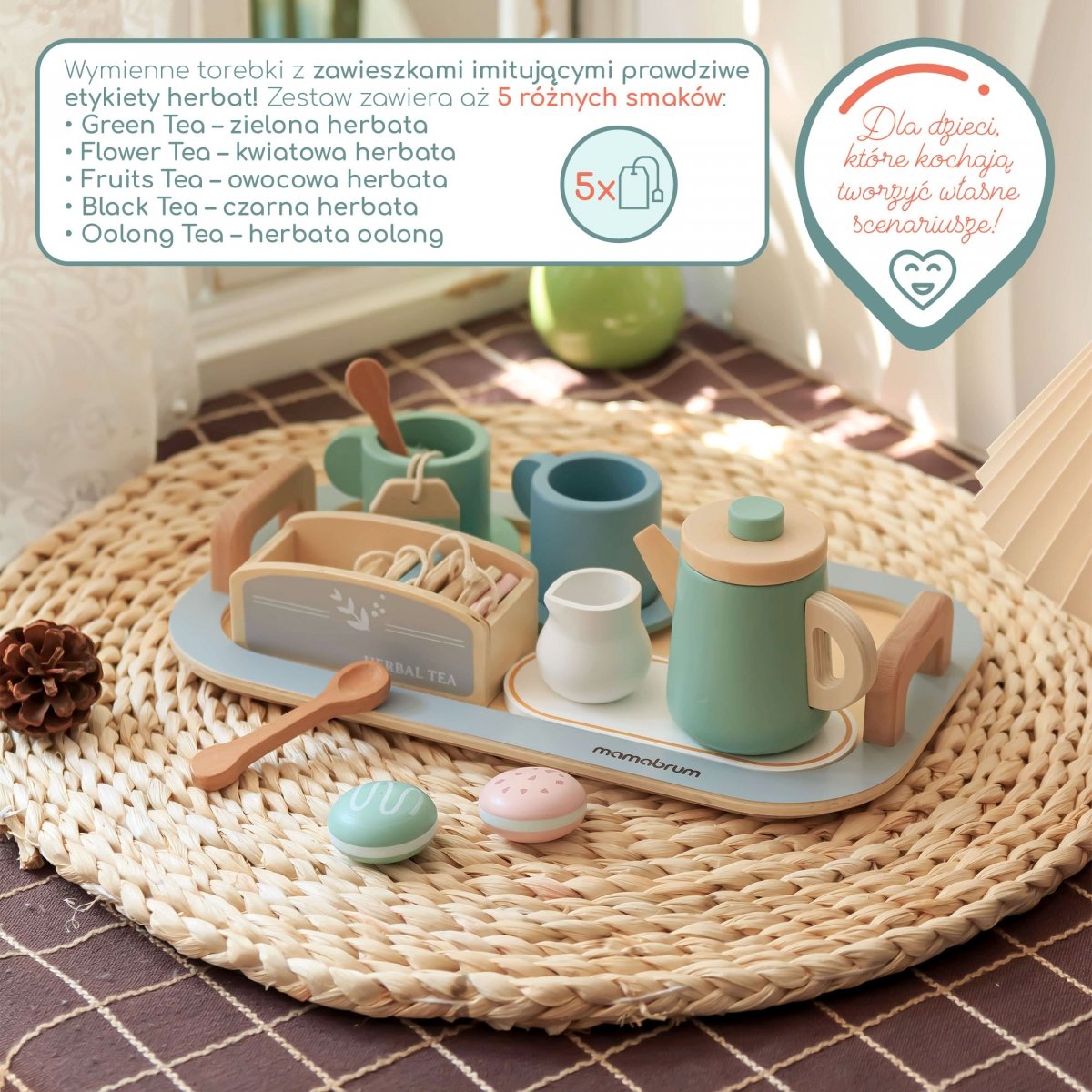 Duży, drewniany zestaw do herbaty z tacą - 18 elementów