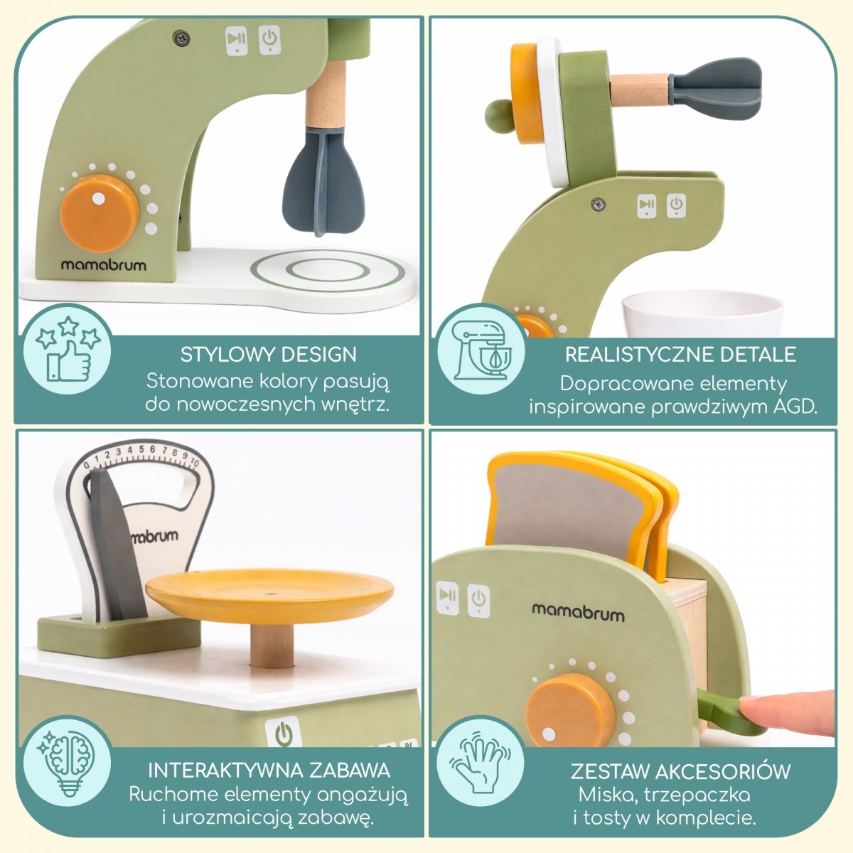 Drewniany zestaw kuchenny dla dzieci mini AGD - mikser, waga i toster