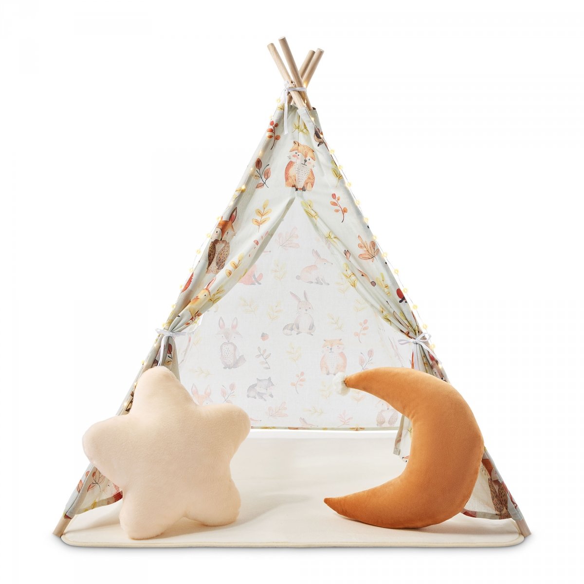 Tipi - namiot dla dziecka do pokoju z dywanem, poduszkami i światełkami LED - 135cm