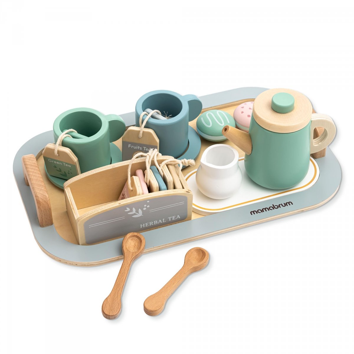Duży, drewniany zestaw do herbaty z tacą - 18 elementów