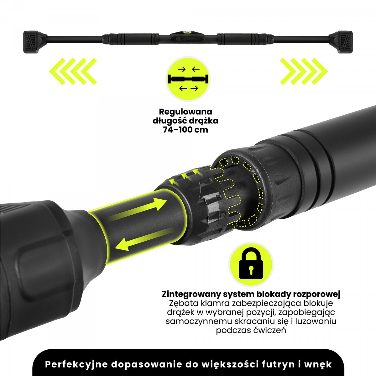 Drążek rozporowy do podciągania HyperMotion regulowany 74-100 cm, 200kg, czarny