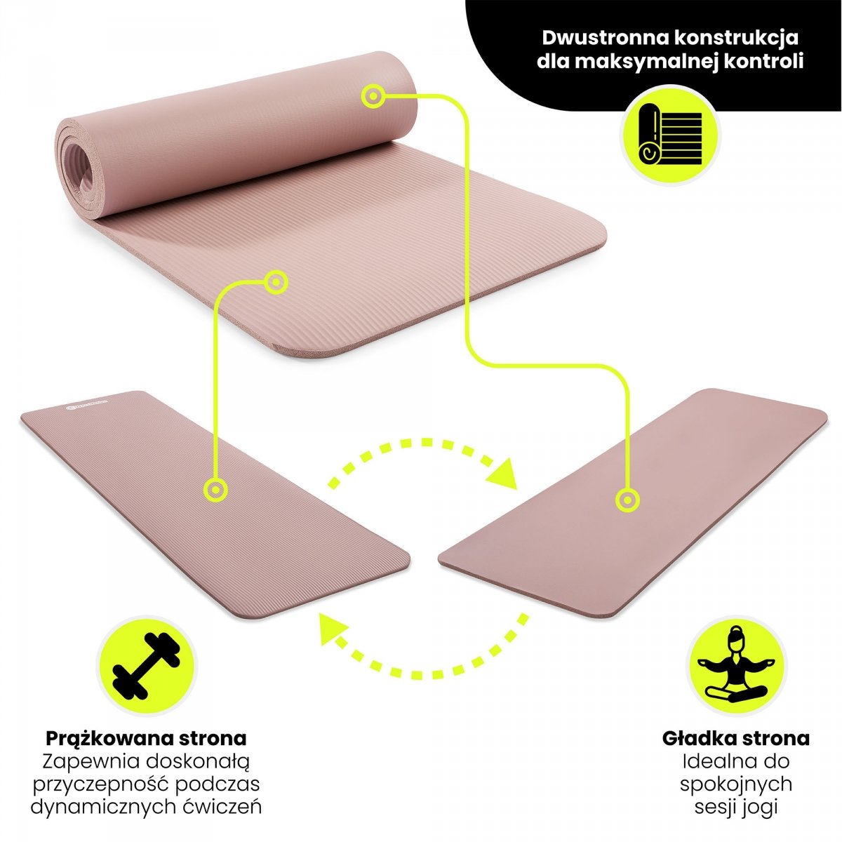 Mata do ćwiczeń fitness i jogi NBR z wielofunkcyjnym paskiem do ćwiczeń i przenoszenia - 183 x 61 x 1,5 cm HyperMotion - kolor brudny róż