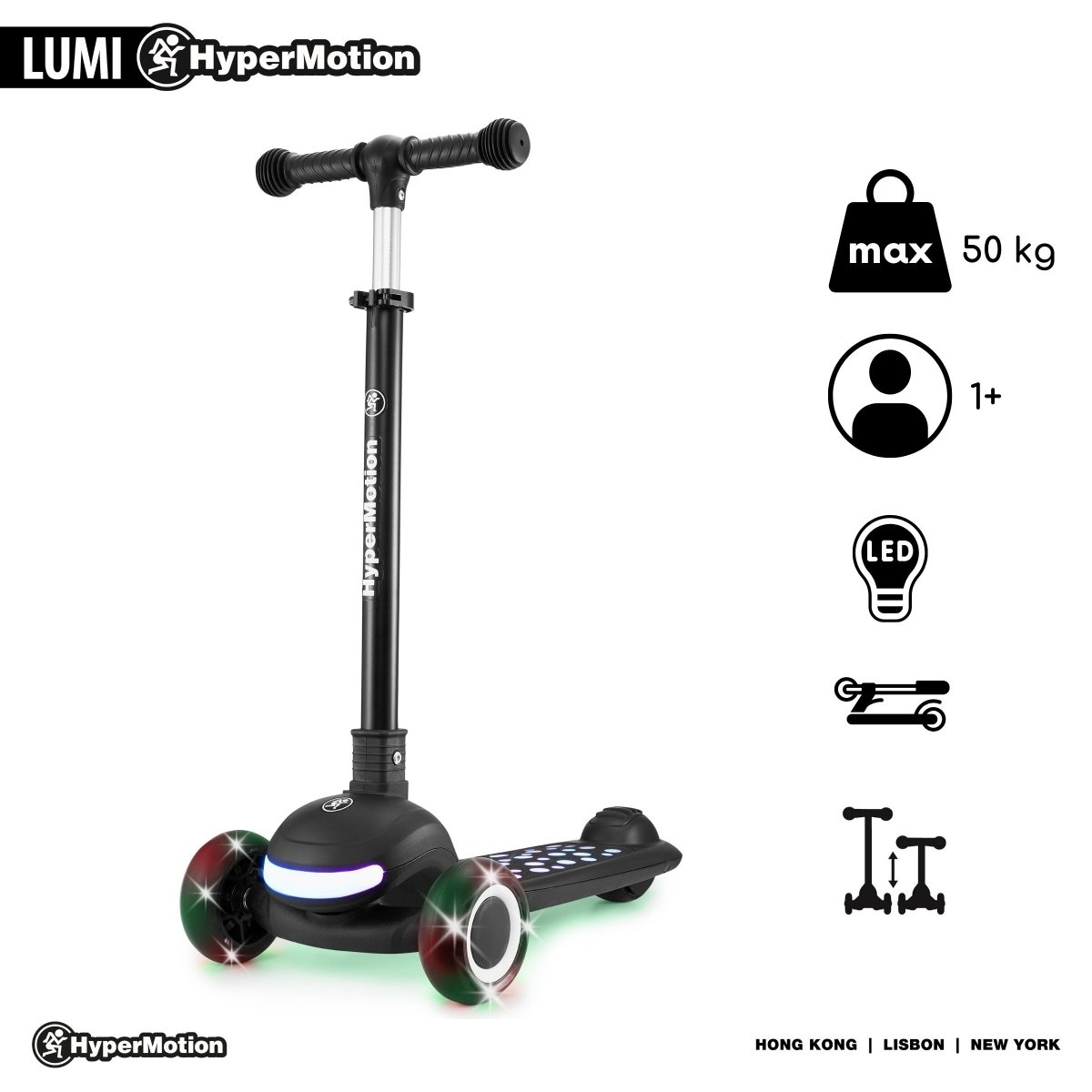 Hulajnoga balansowa HyperMotion LUMI 3w1 - podświetlany podest i koła LED, kolor czarny