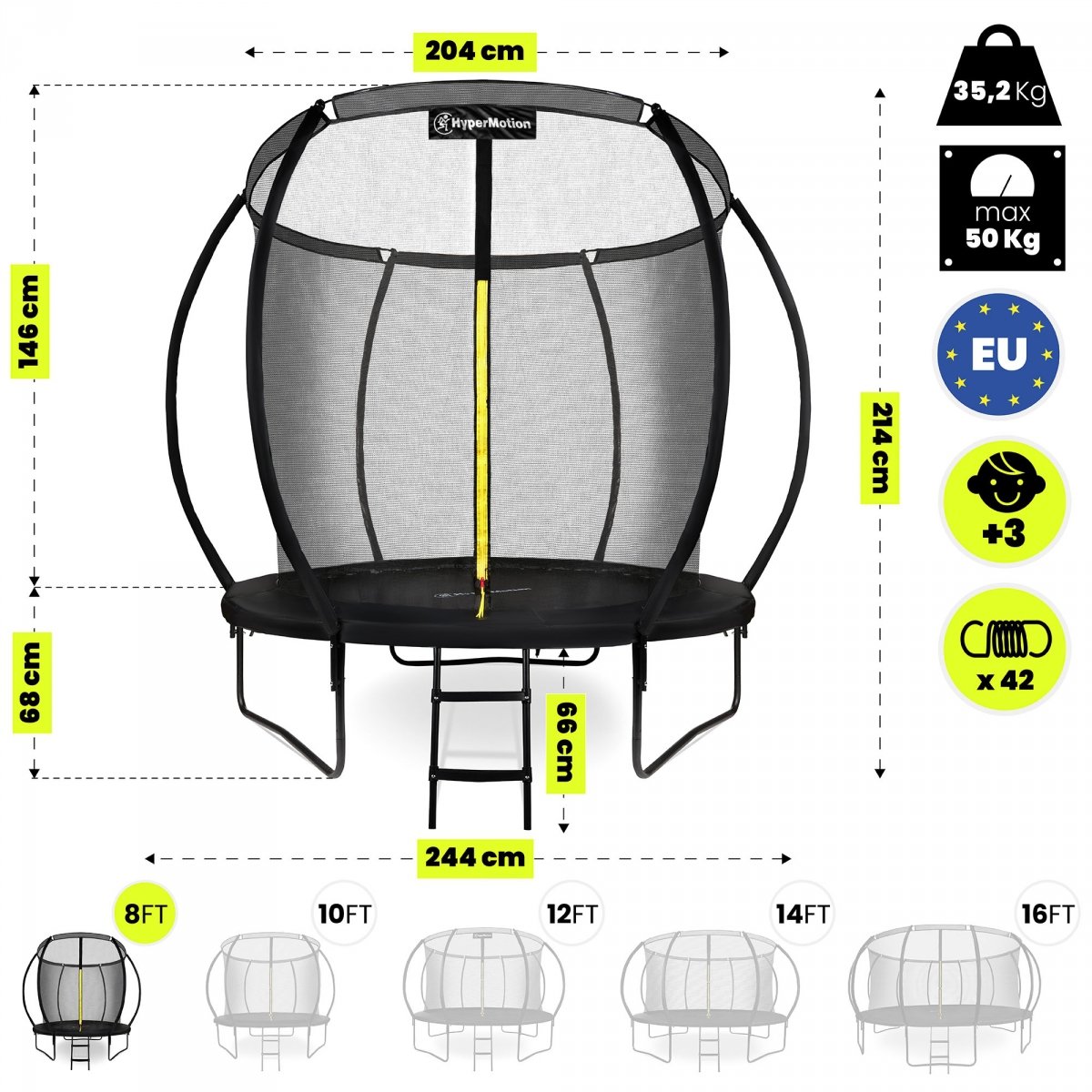 Trampolina ogrodowa dla dzieci HyperMotion - 244 cm 8FT - z drabinką i siatką wewnętrzną - do domu i ogrodu