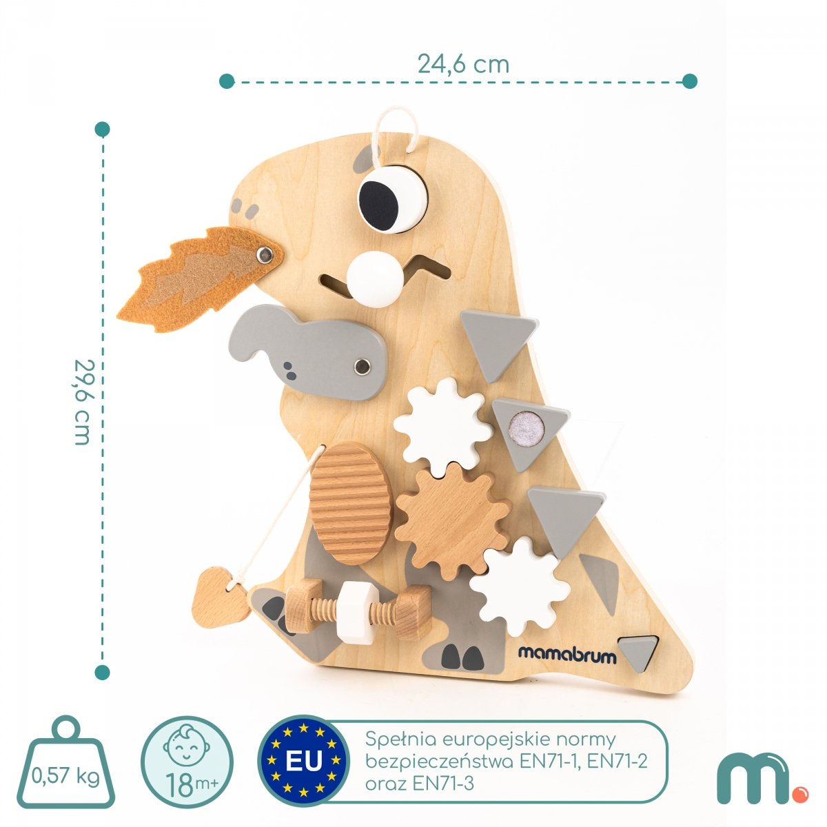 Drewniana tablica manipulacyjna Montessori 10 w 1 Sensoryczna, Edukacyjna - Dinozaur