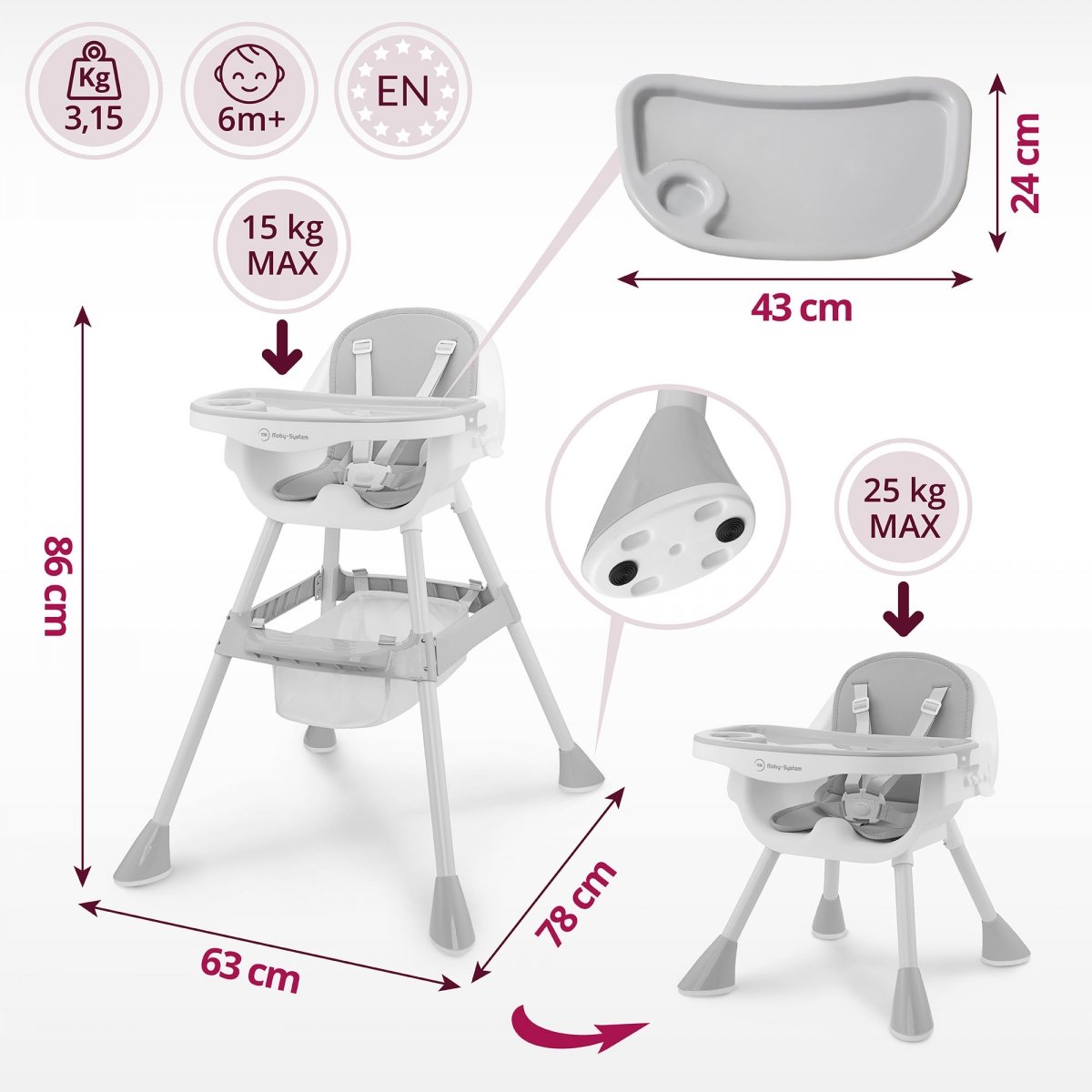 Regulowane krzesełko do karmienia Moby-System Magnolia 2w1 - szare