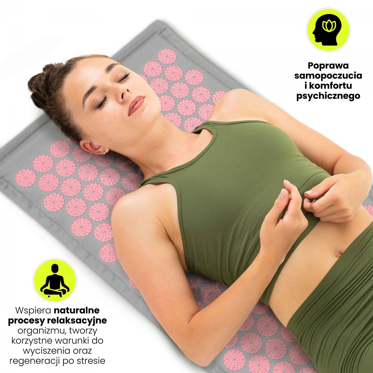 Mata do akupresury ECO lniana z włóknem kokosowym i poduszką z gryki – 68 cm HyperMotion szaro-różowa