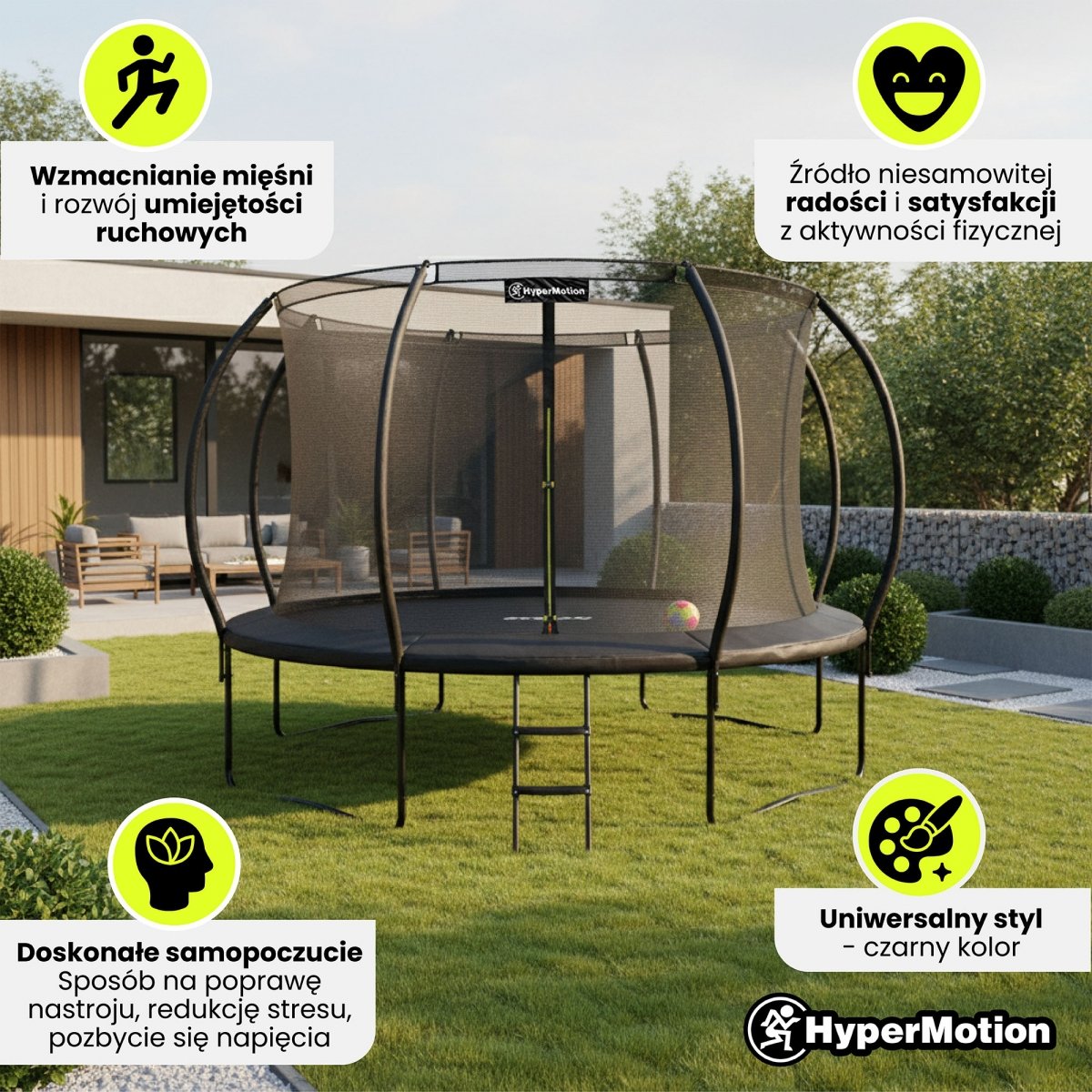 Trampolina ogrodowa XXL dla dzieci HyperMotion - 366 cm 12FT - z drabinką i siatką wewnętrzną - do domu i ogrodu - 150kg max