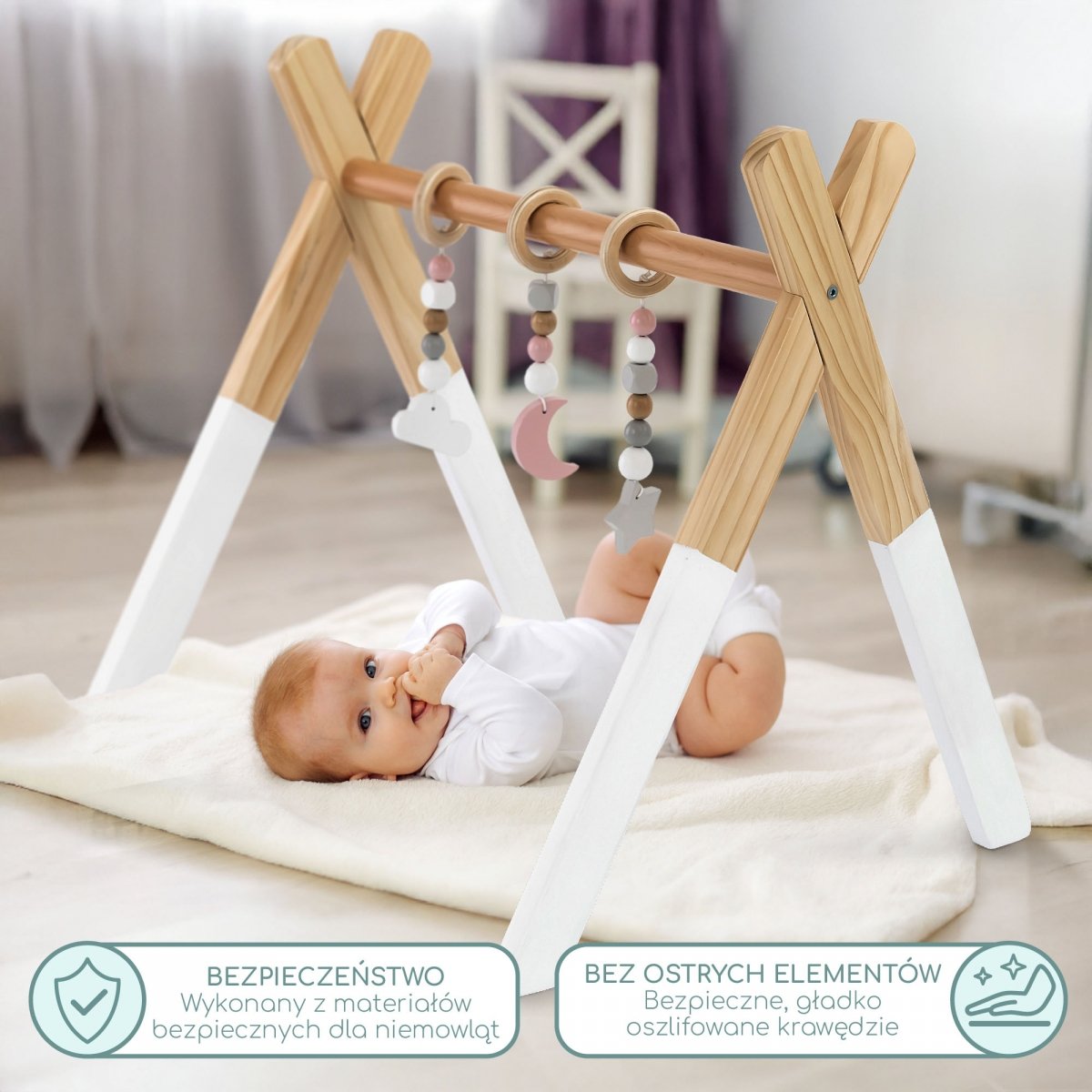 Drewniany stojak edukacyjny Baby Gym - kolor biały