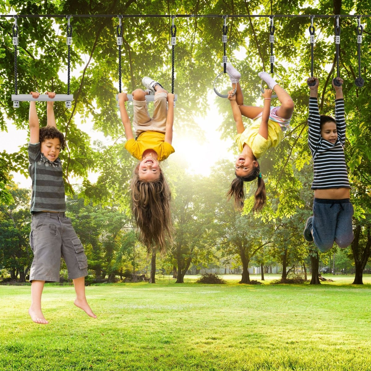 Tor przeszkód Ninja dla dzieci - zestaw slackline HyperMotion - 7 przeszkód