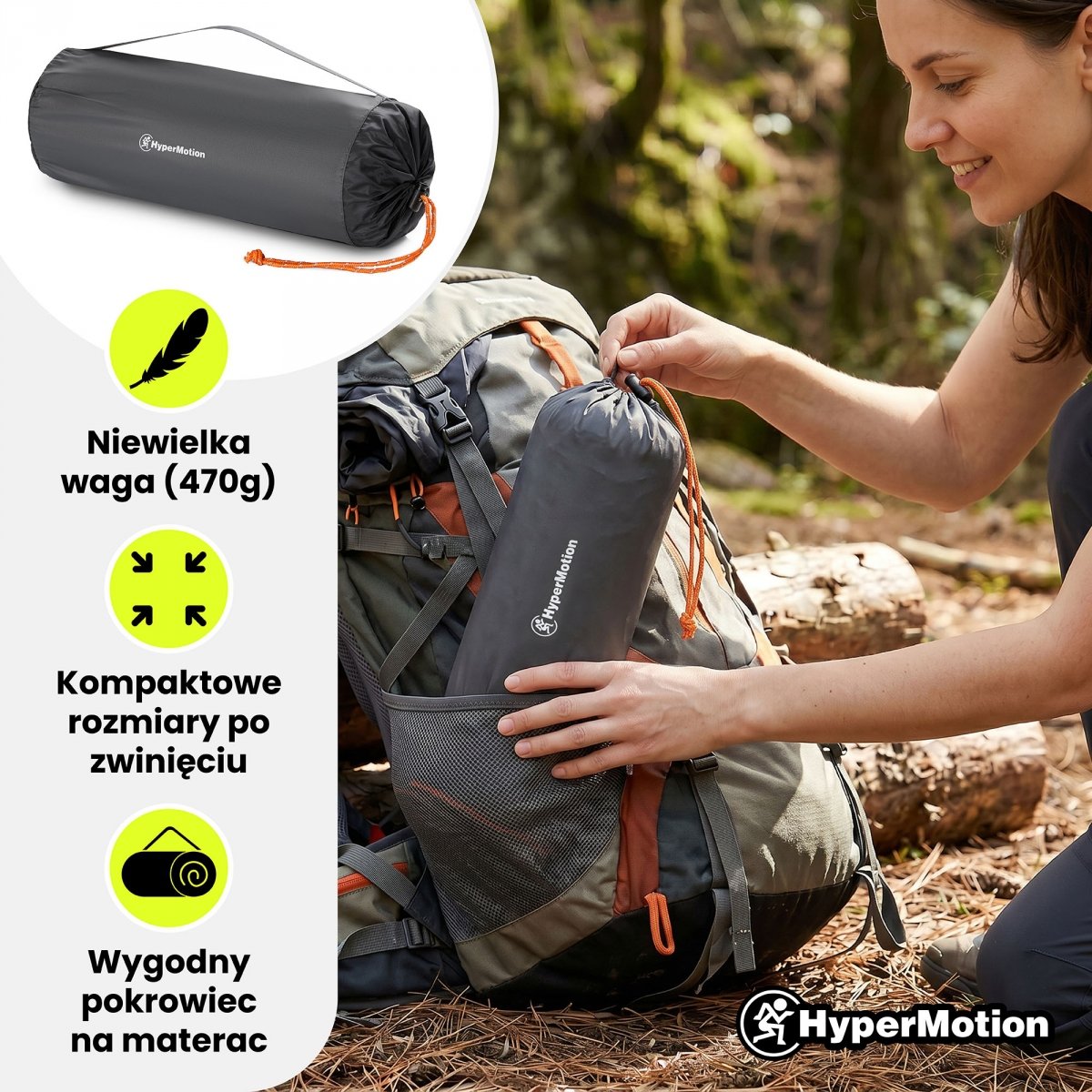 Ultralekki materac dmuchany jednoosobowy do spania na kemping i trekking HyperMotion Campmat – 190x56 cm – szary