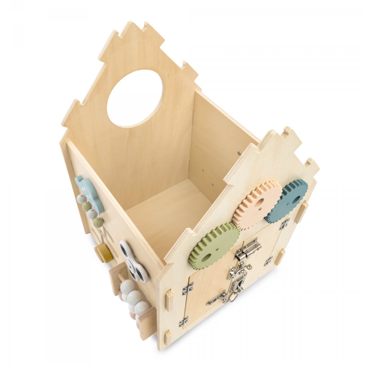 Drewniany, edukacyjny domek aktywności Montessori 6 w 1- sensoryczna tablica manipulacyjna