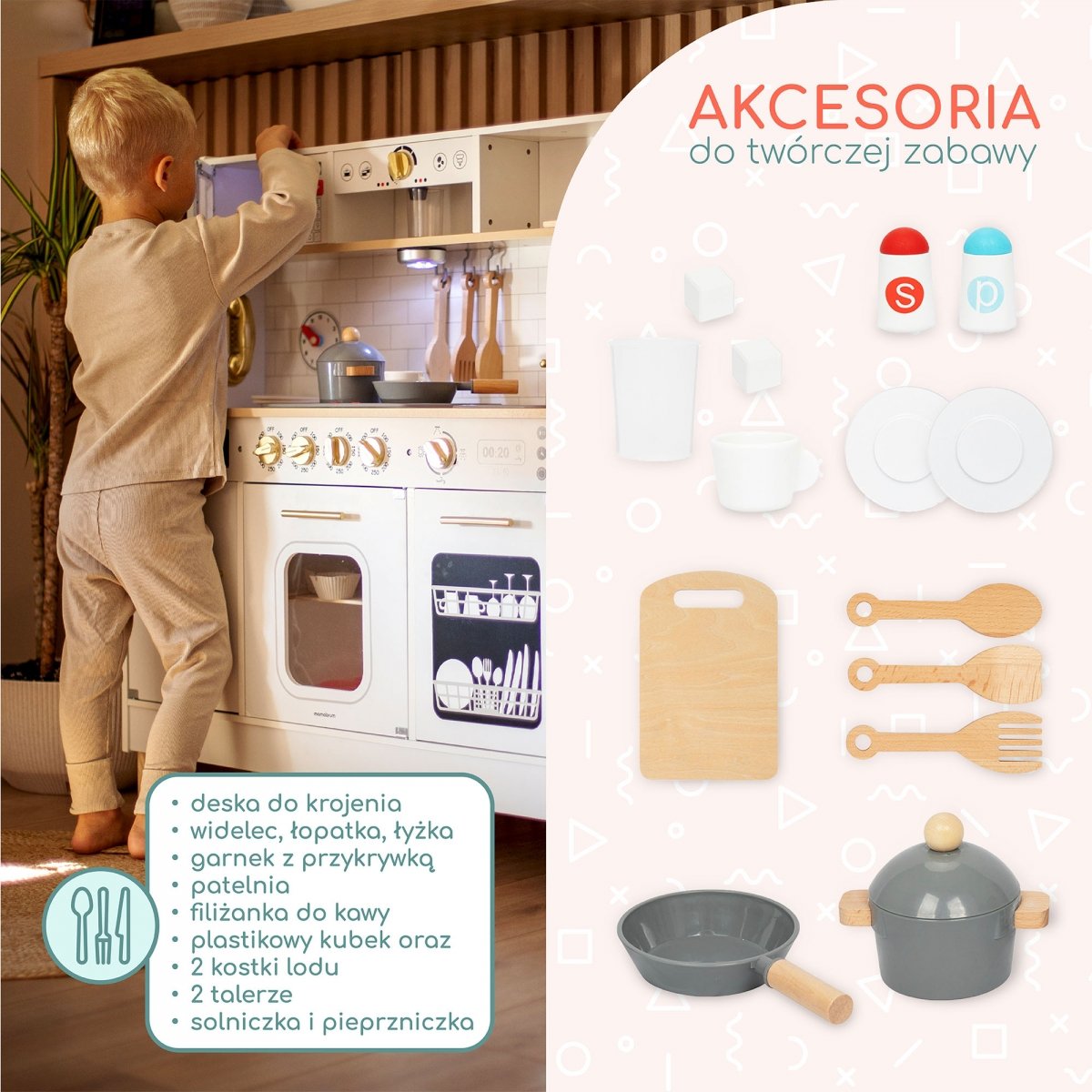 Interaktywna drewniana kuchnia XXL z akcesoriami i oświetleniem LED - dwupoziomowa