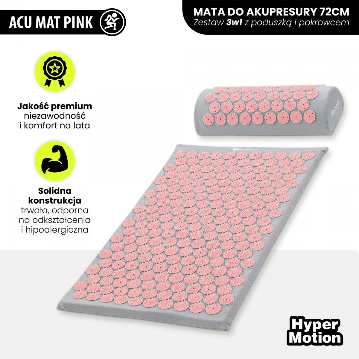Mata do akupresury z poduszką i pokrowcem - 72 cm HyperMotion szaro-różowa