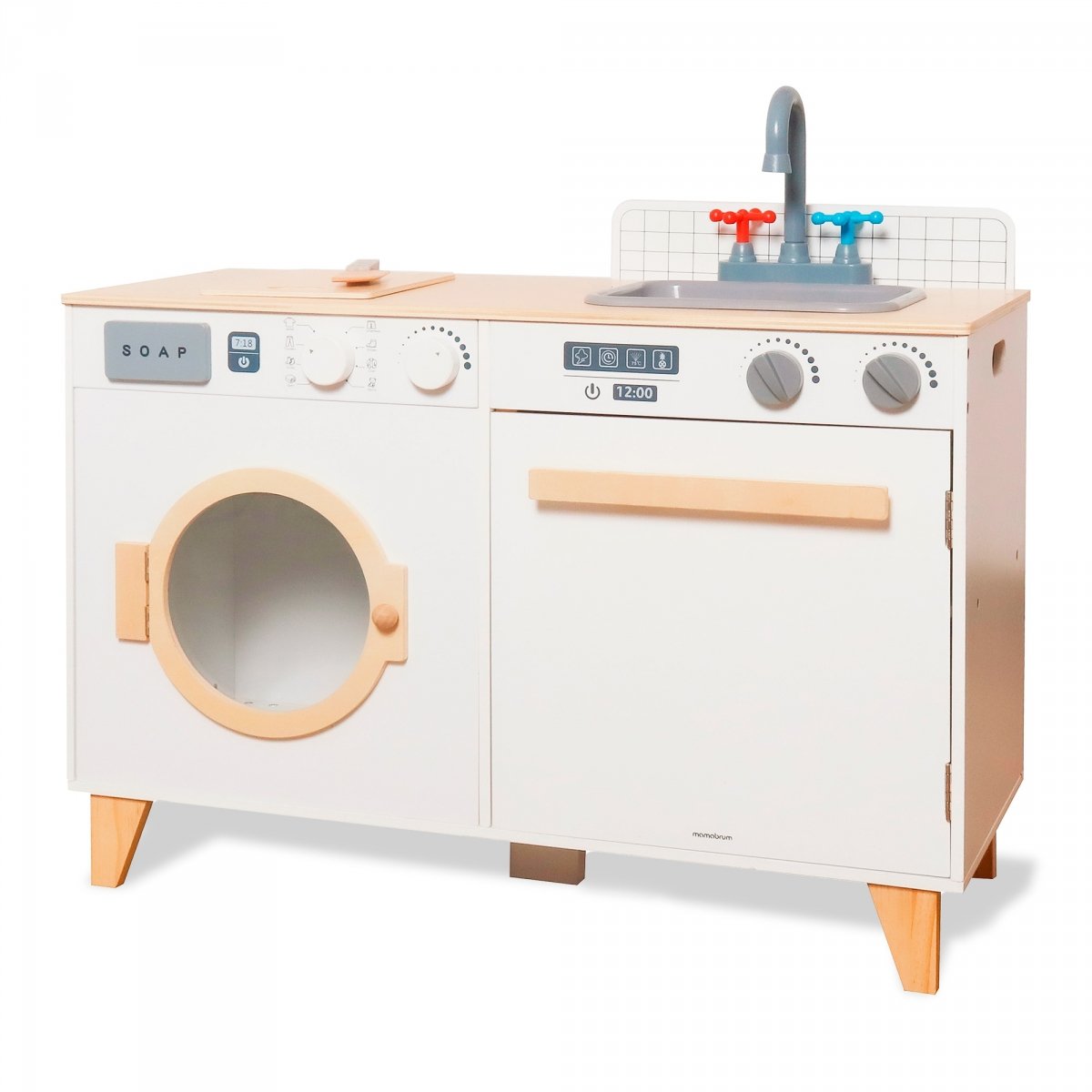 Drewniana pralnia i kuchnia - domowy zestaw 2w1 dla dzieci