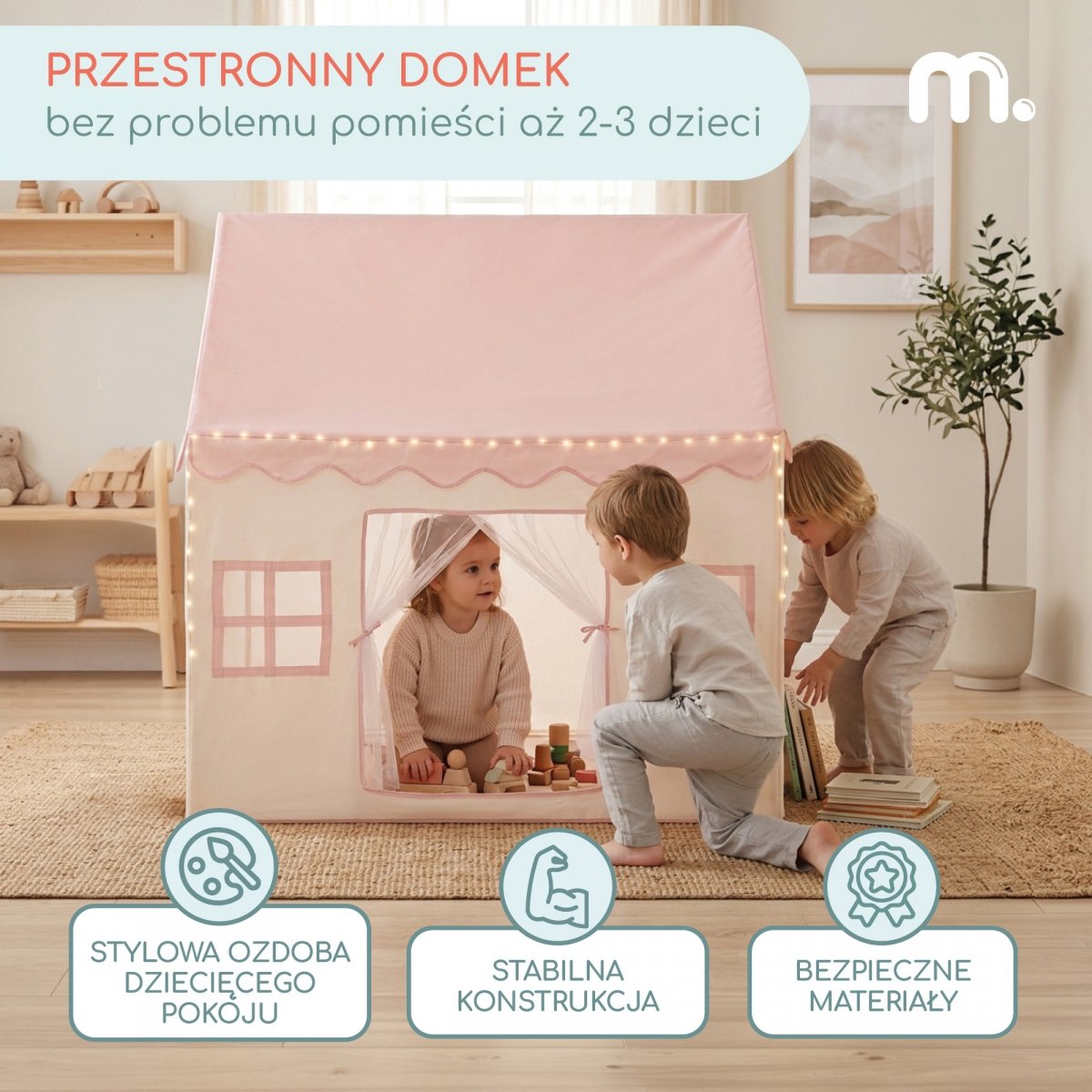 Domek składany XXL - namiot dla dzieci do zabawy, zamek z oknami, do pokoju i ogrodu, z lampkami LED - różowy