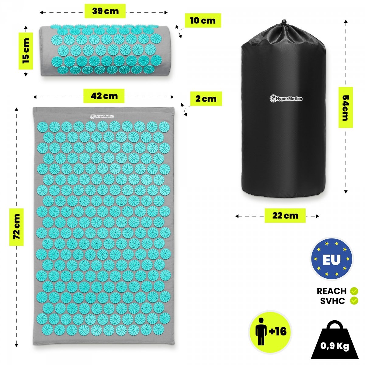 Mata do akupresury z poduszką i pokrowcem - 72 cm HyperMotion szaro-miętowa