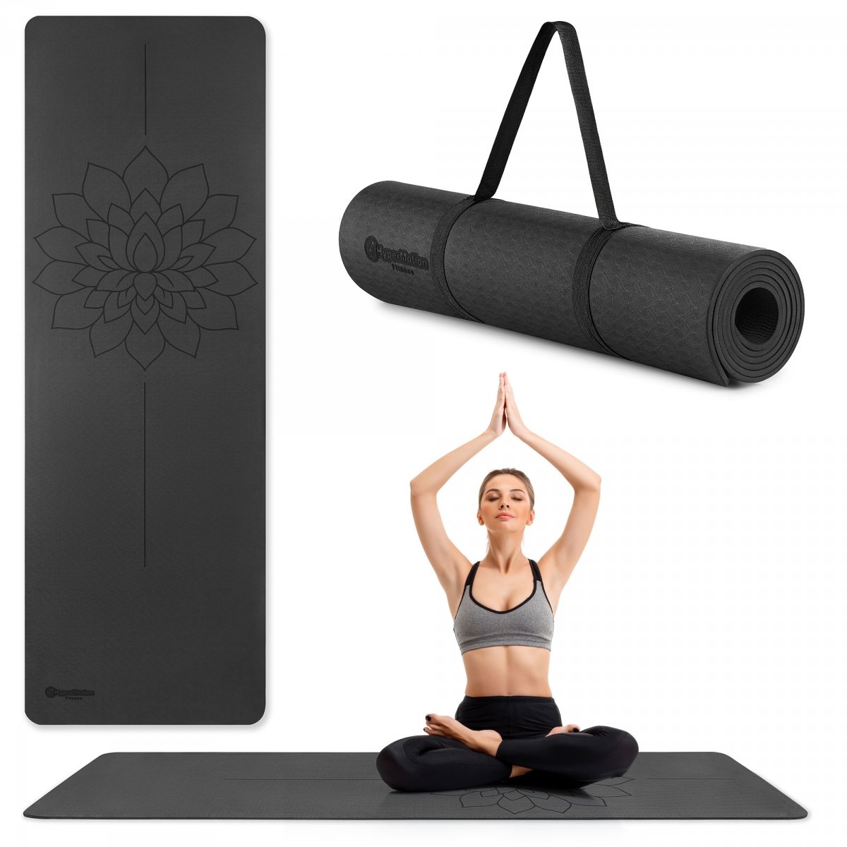 Mata do jogi i ćwiczeń HyperMotion Lotos TPE 6 mm z paskiem – 183 × 61 cm – czarna