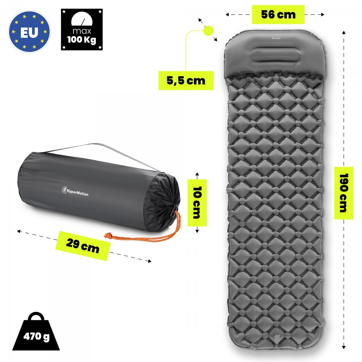 Ultralekki materac dmuchany jednoosobowy do spania na kemping i trekking HyperMotion Campmat – 190x56 cm – szary