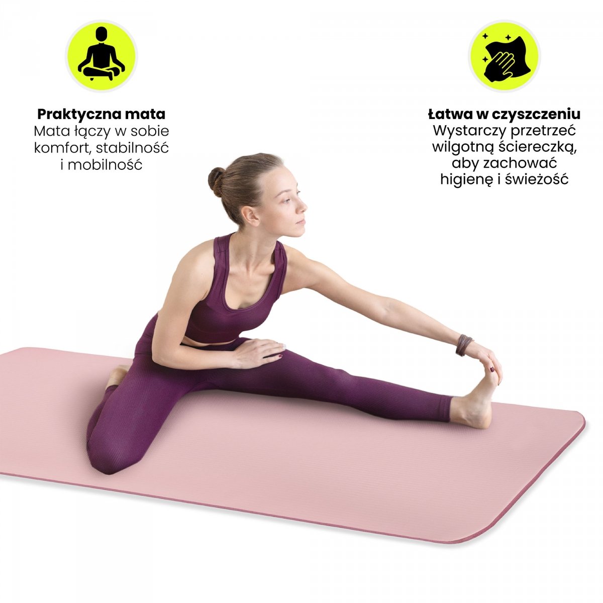 Mata do ćwiczeń fitness i jogi NBR z wielofunkcyjnym paskiem do ćwiczeń i przenoszenia - 183 x 61 x 0,8 cm HyperMotion - kolor różowy