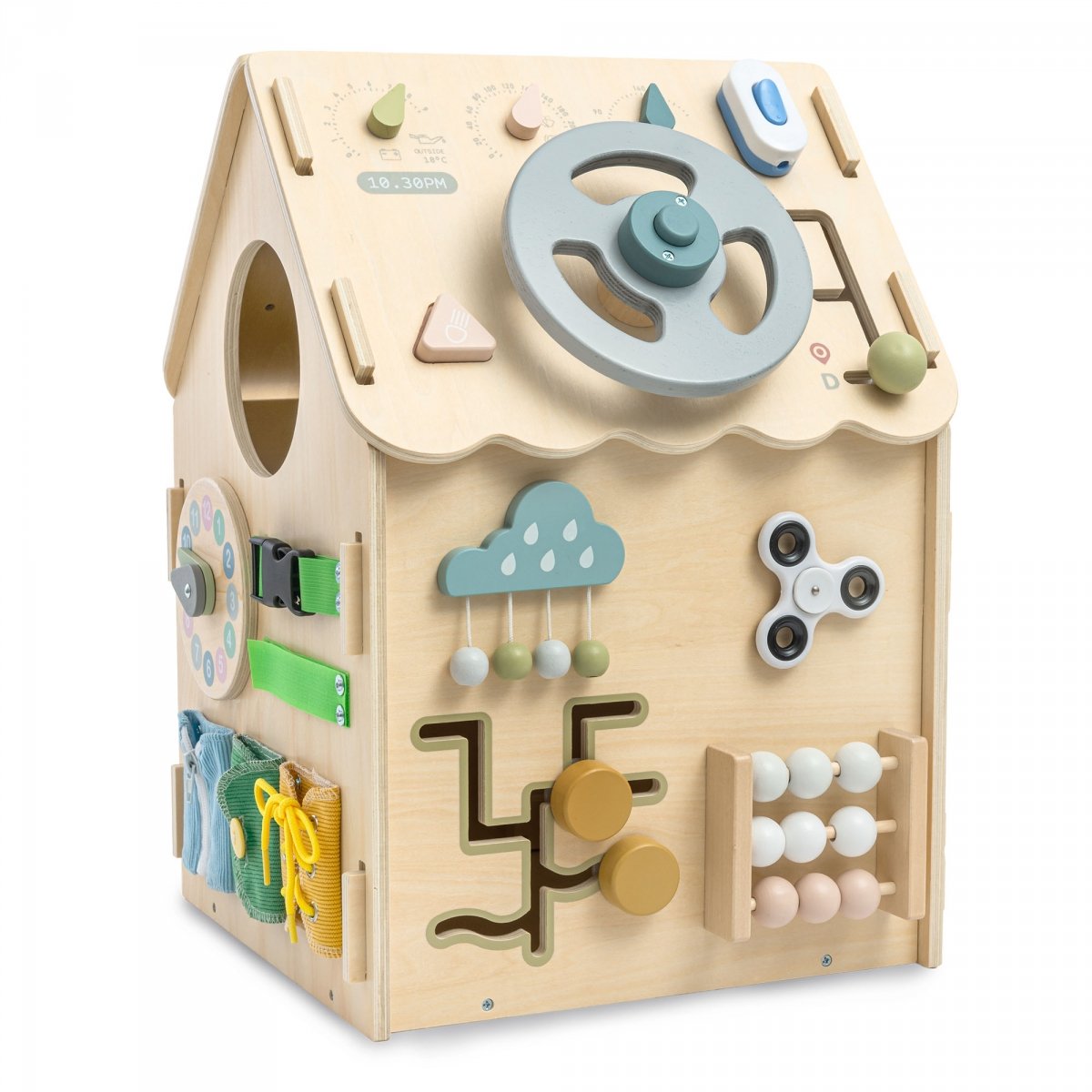 Drewniany, edukacyjny domek aktywności Montessori 6 w 1- sensoryczna tablica manipulacyjna