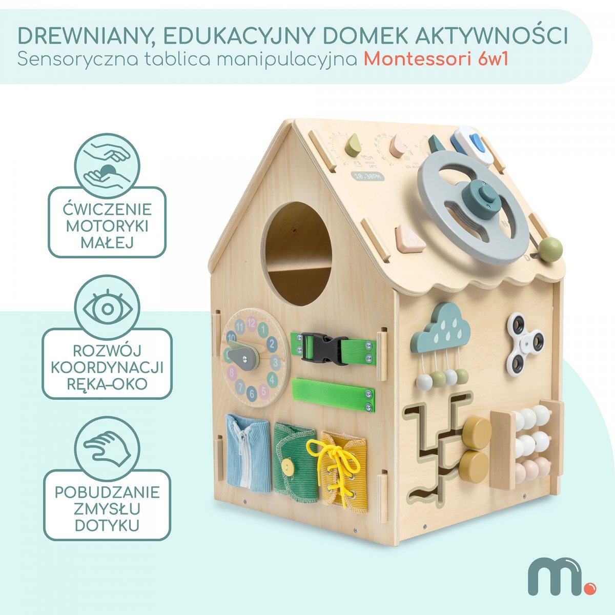 Drewniany, edukacyjny domek aktywności Montessori 6 w 1- sensoryczna tablica manipulacyjna