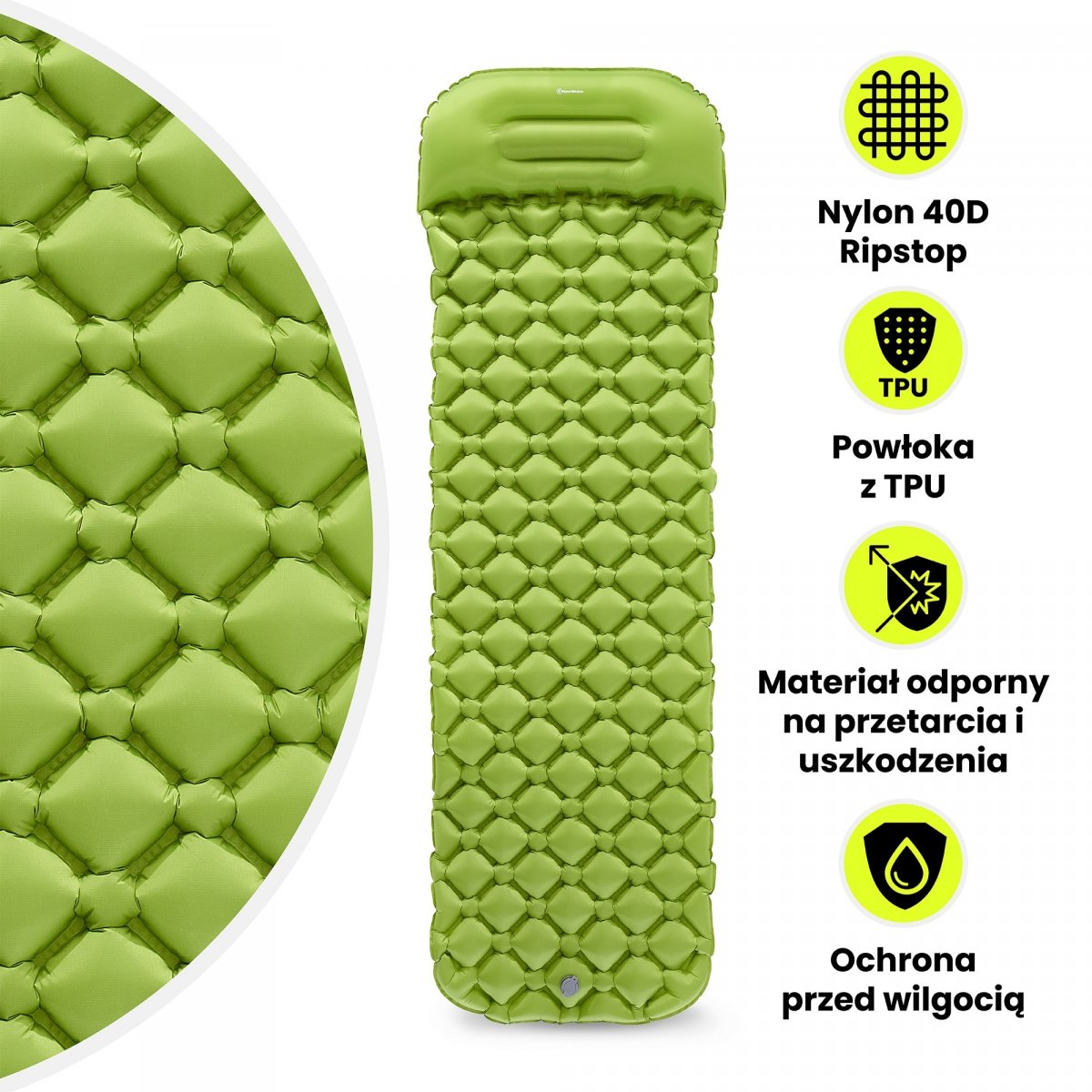 Ultralekki materac dmuchany jednoosobowy do spania na kemping i trekking HyperMotion Campmat – 190x56 cm – zielony