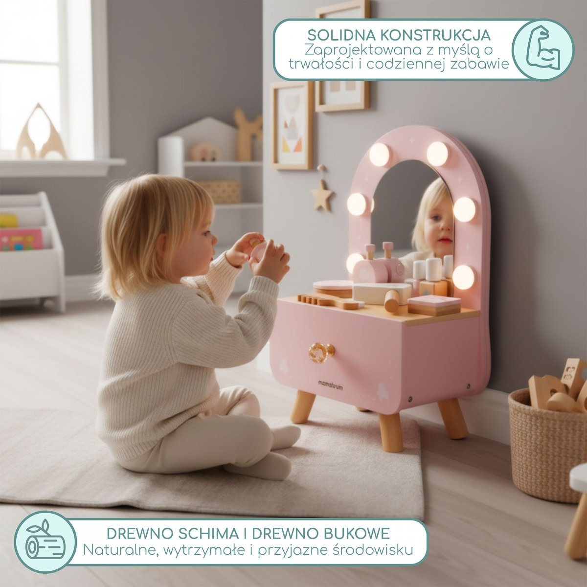 Drewniana mini toaletka dla dzieci z akcesoriami i oświetleniem LED o płynnej regulacji jasności
