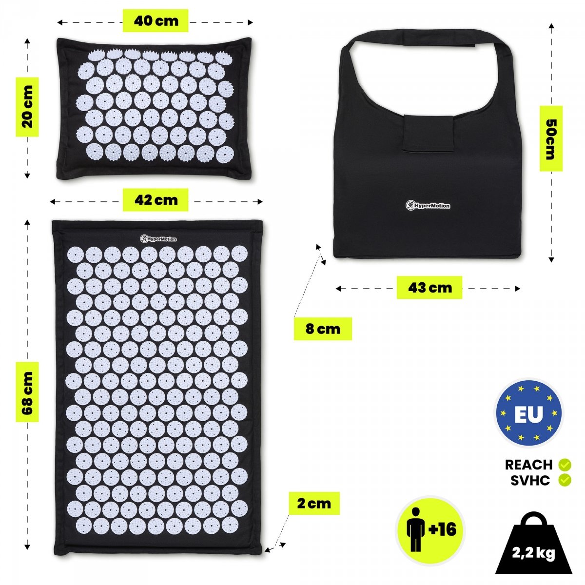 Mata do akupresury ECO lniana z włóknem kokosowym i poduszką z gryki – 68 cm HyperMotion czarno-biała