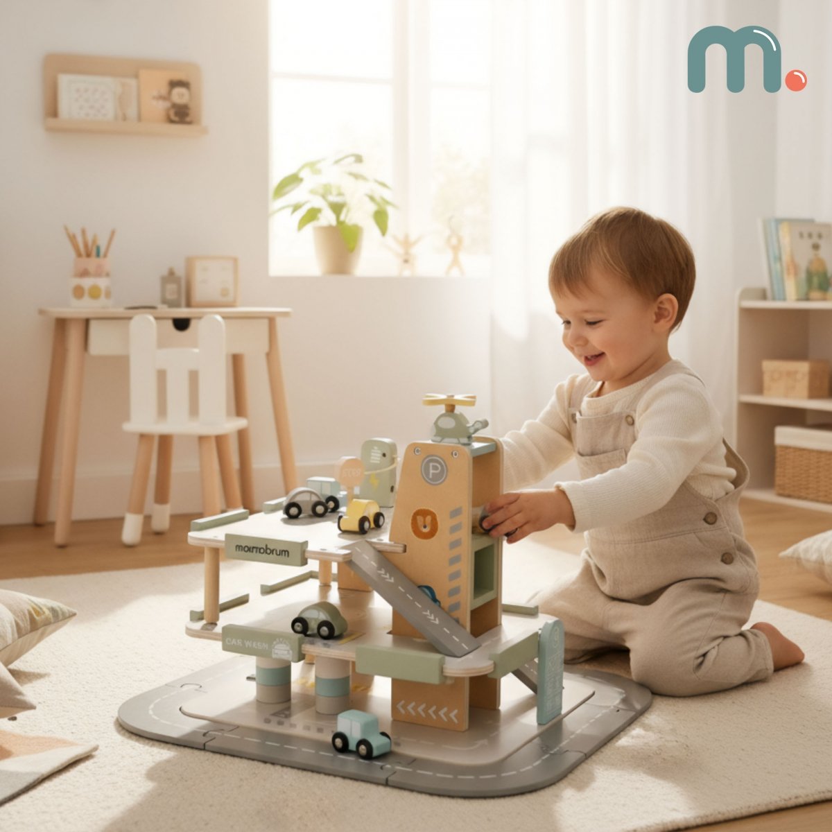 Drewniany, trzypoziomowy garaż dla dzieci z akcesoriami – parking, stacja paliw, myjnia, helikopter