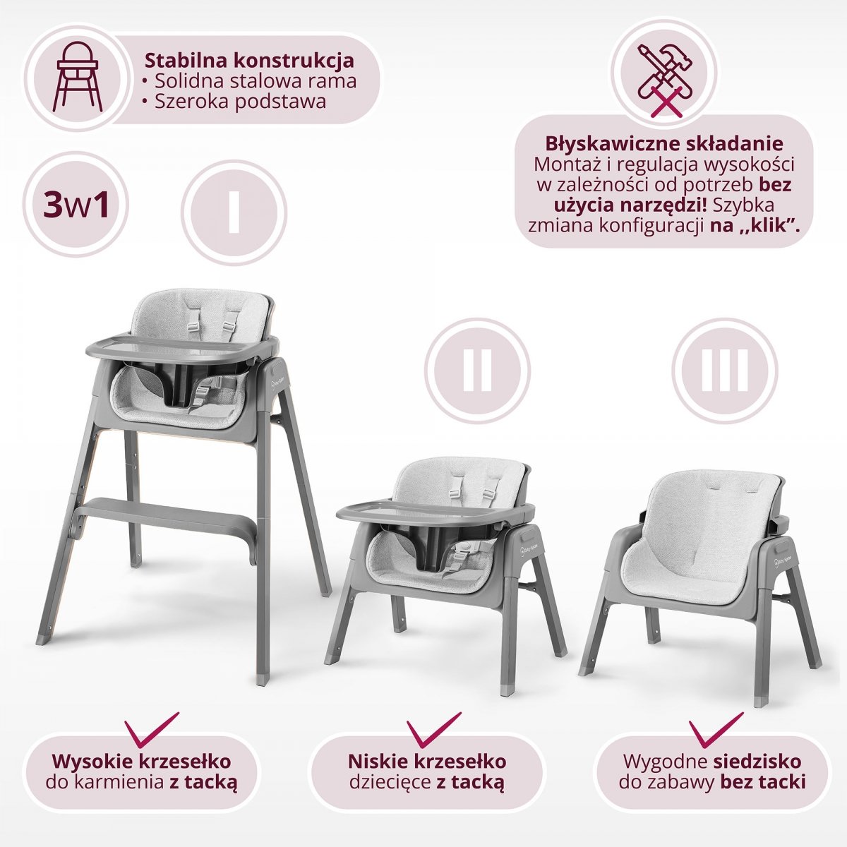 Składane krzesełko do karmienia Noxi 3w1, dwupoziomowe dla dziecka - Moby-System szare