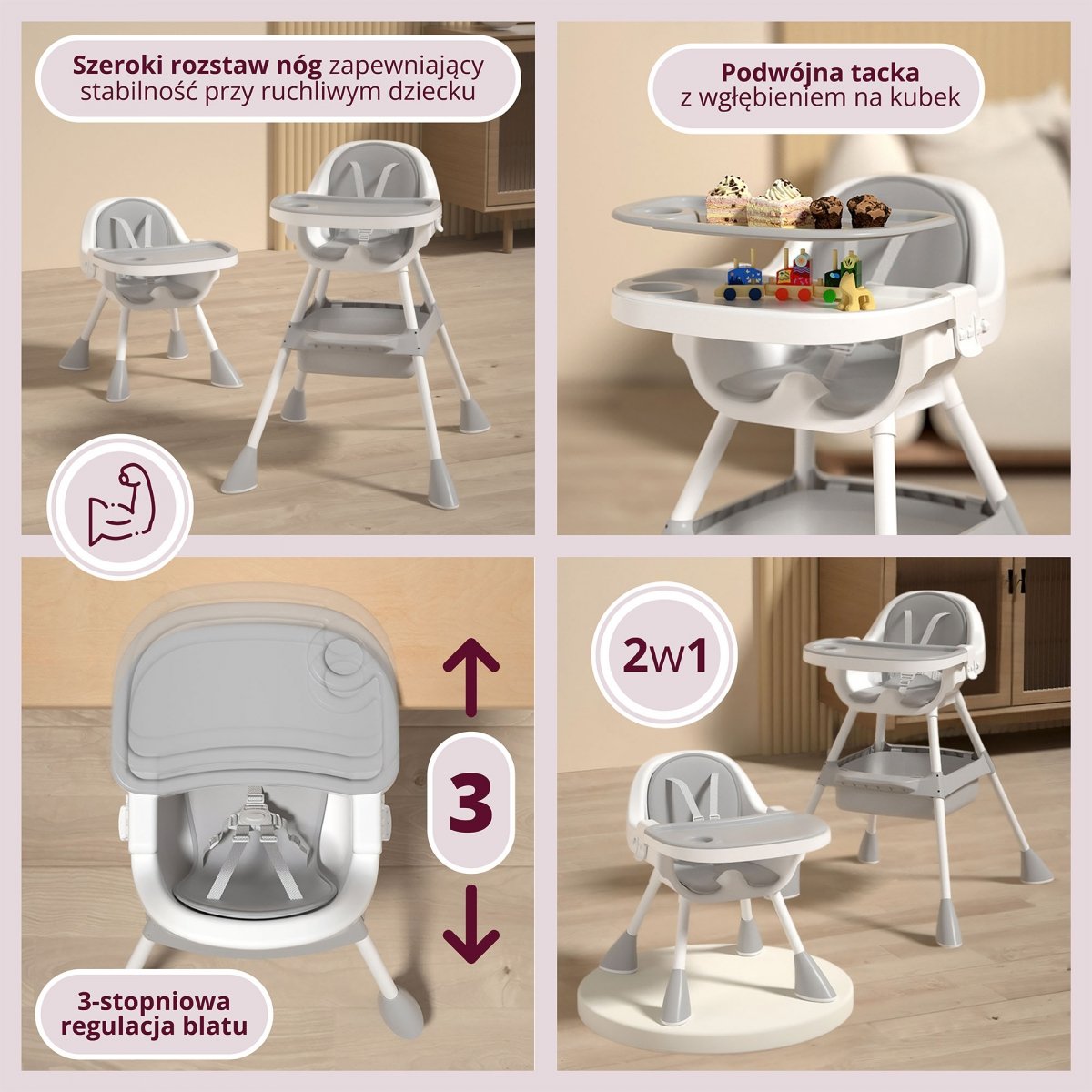 Regulowane krzesełko do karmienia Moby-System Magnolia 2w1 - szare