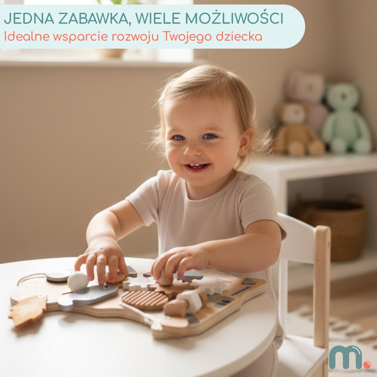 Drewniana tablica manipulacyjna Montessori 10 w 1 Sensoryczna, Edukacyjna - Dinozaur