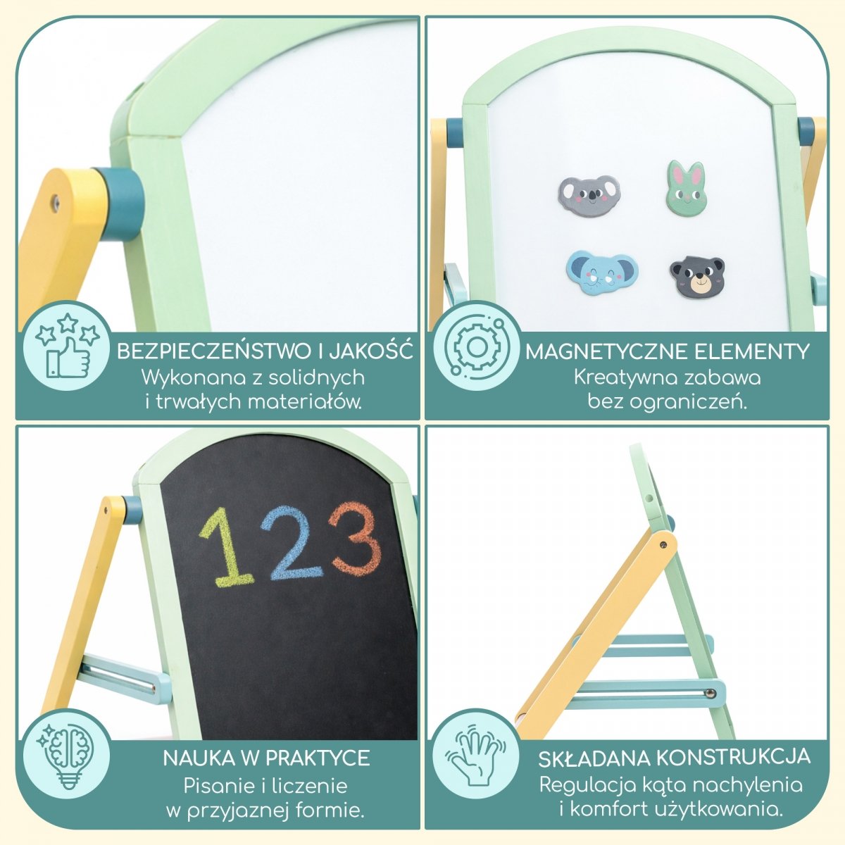 Drewniana tablica edukacyjna dla dzieci - dwustronna, magnetyczno-kredowa ze składanym stojakiem