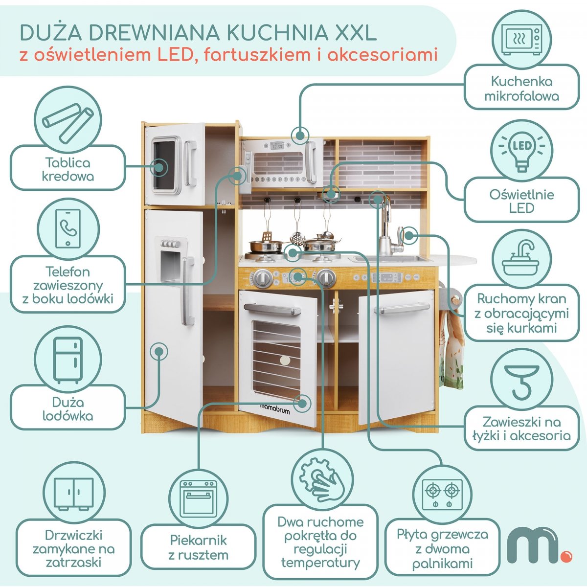 Kuchnia drewniana XXL z oświetleniem LED, fartuszkiem i akcesoriami