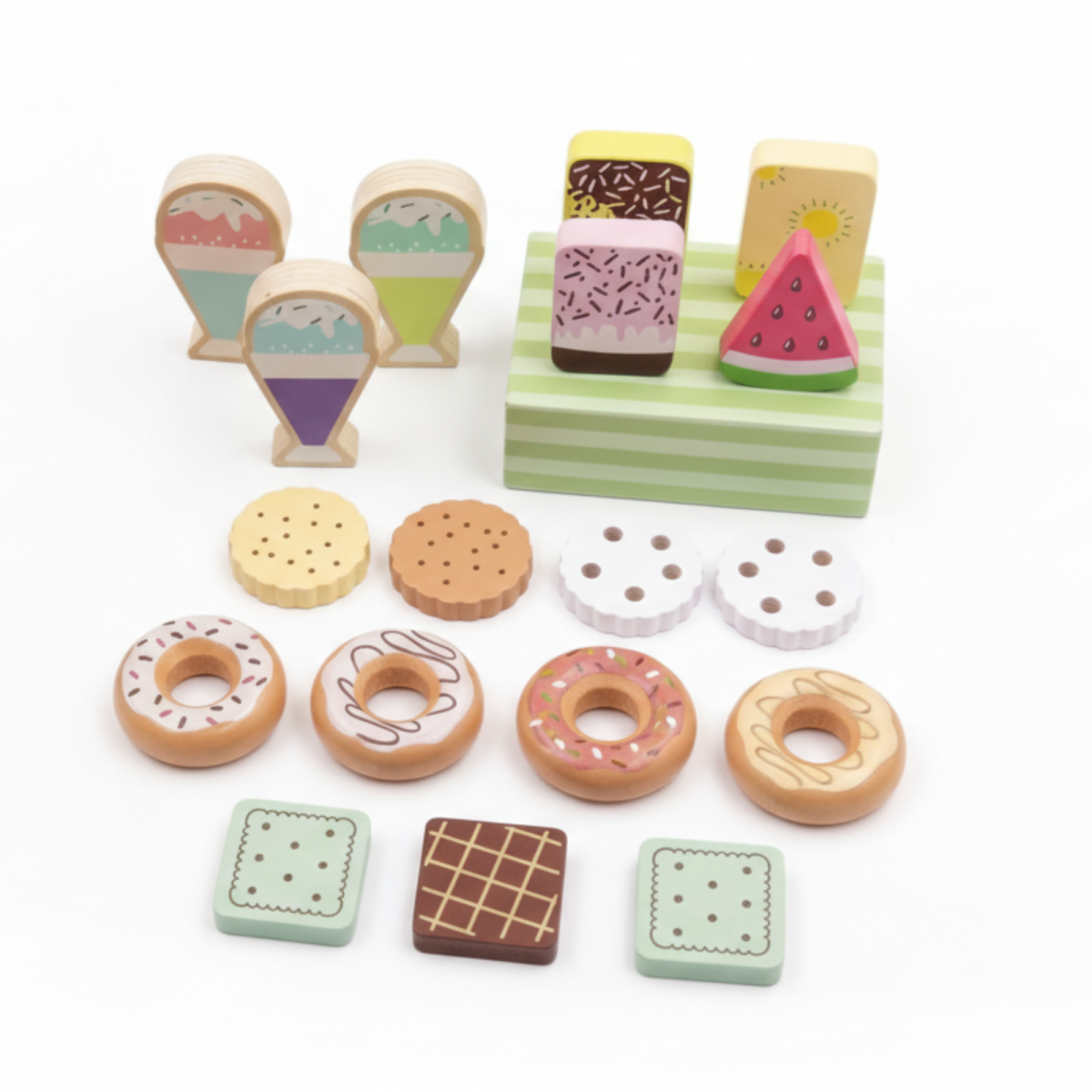 Mała Cukiernia - drewniany zestaw słodyczy do zabawy w sklep, 19 elementów