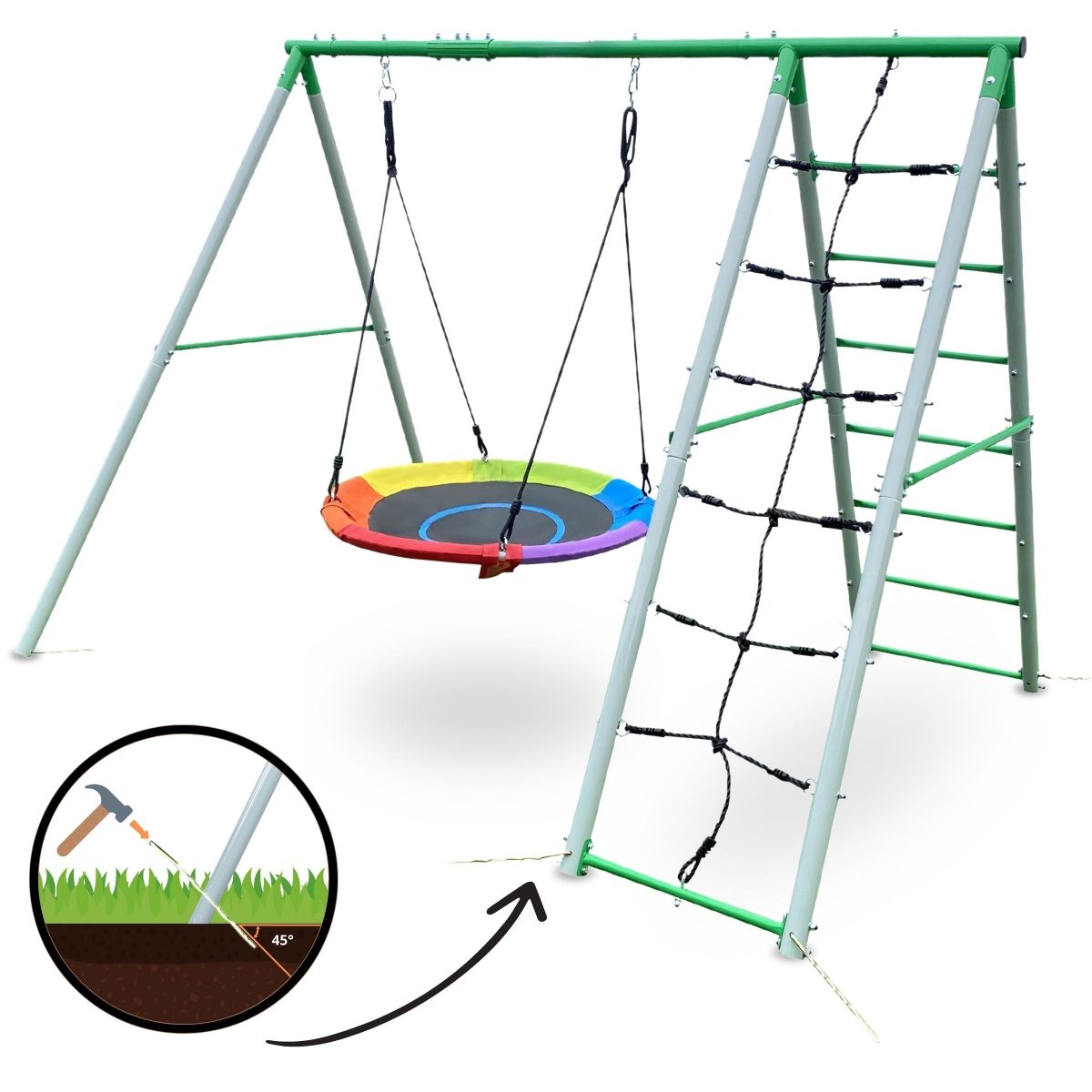 Ogrodowy plac zabaw dla dzieci XL z huśtawką typu bocianie gniazdo z drabinką i siatką do wspinaczki