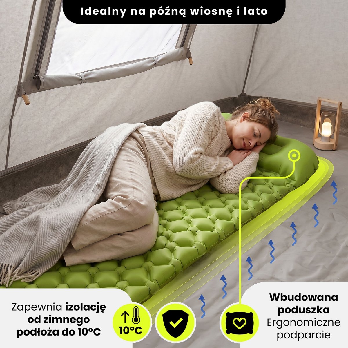 Ultralekki materac dmuchany jednoosobowy do spania na kemping i trekking HyperMotion Campmat – 190x56 cm – zielony