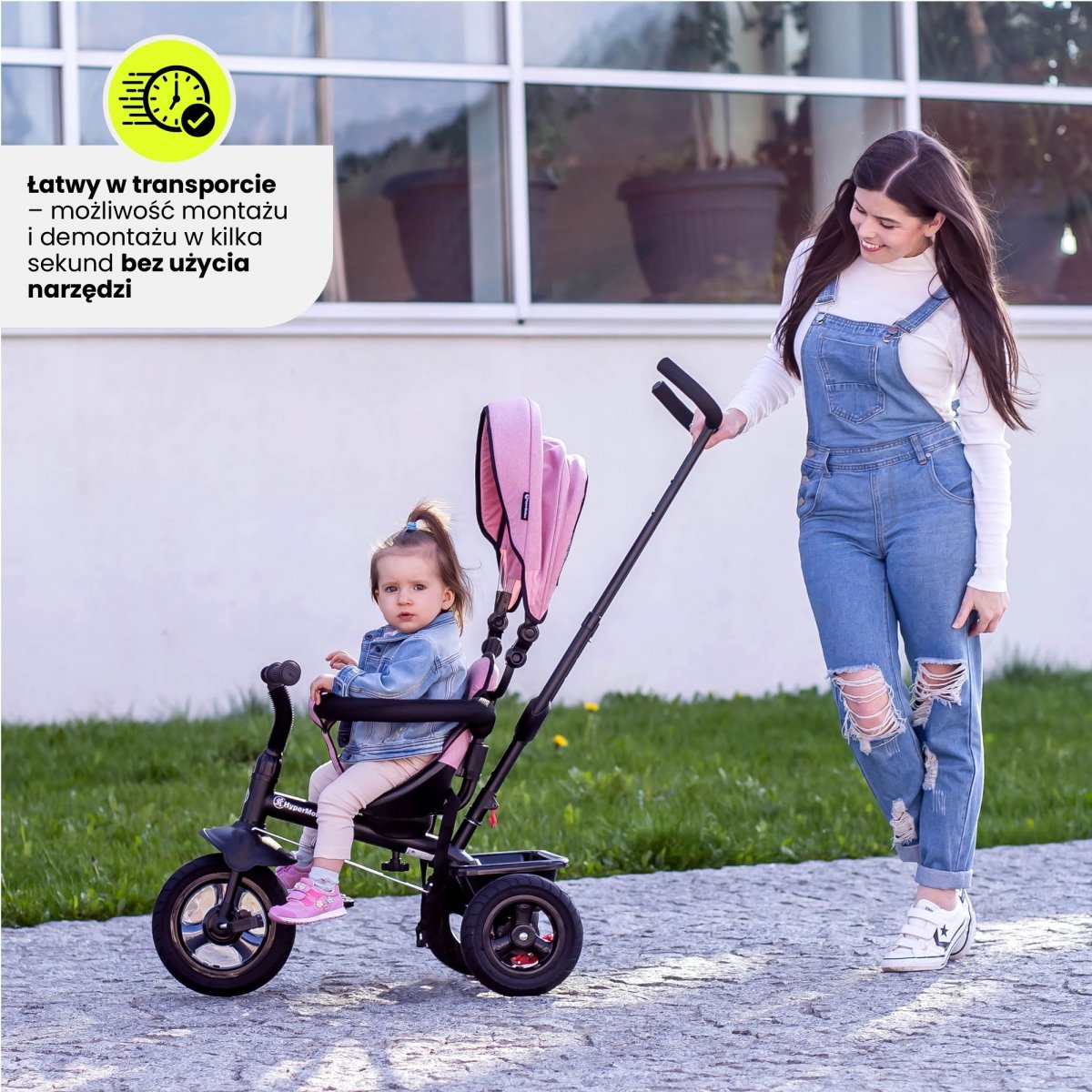 Rowerek trójkołowy dla dzieci 1-4 lata - TOBI FREY - kolor różowy - obracany - wiecznie pompowane koła + pchacz