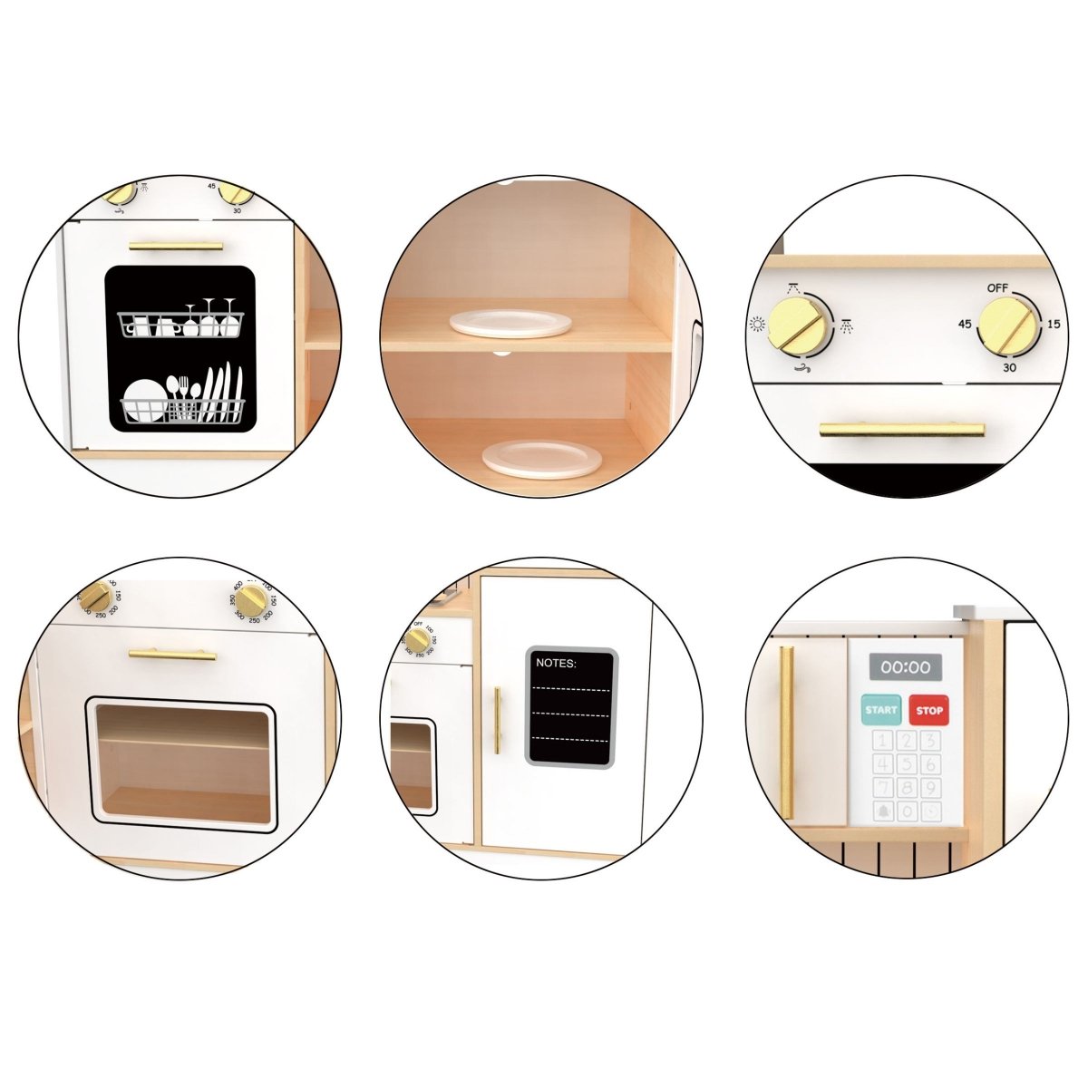 Drewniana, interaktywna kuchnia narożna XXXL z lodówką, mikrofalą, piekarnikiem, zmywarką i akcesoriami - biała