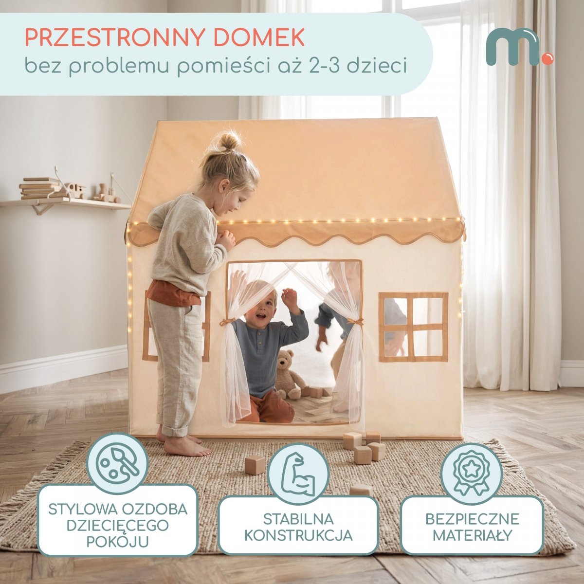Domek składany XXL - namiot dla dzieci do zabawy, zamek z oknami, do pokoju i ogrodu, z lampkami LED – beżowy
