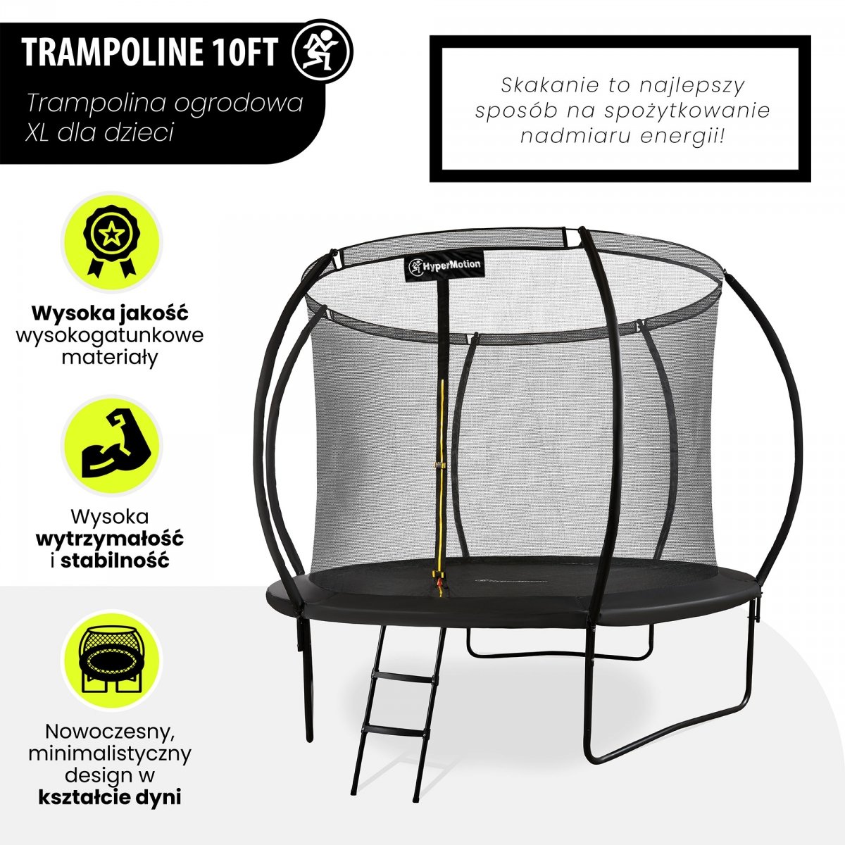 Trampolina ogrodowa XL dla dzieci HyperMotion - 305 cm 10FT - z drabinką i siatką wewnętrzną - do domu i ogrodu