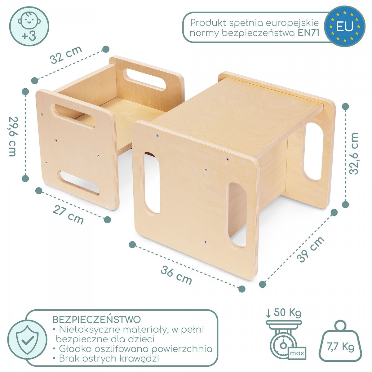 Drewniany stolik i krzesełko z funkcją podestu – multifunkcyjny zestaw Montessori dla dzieci