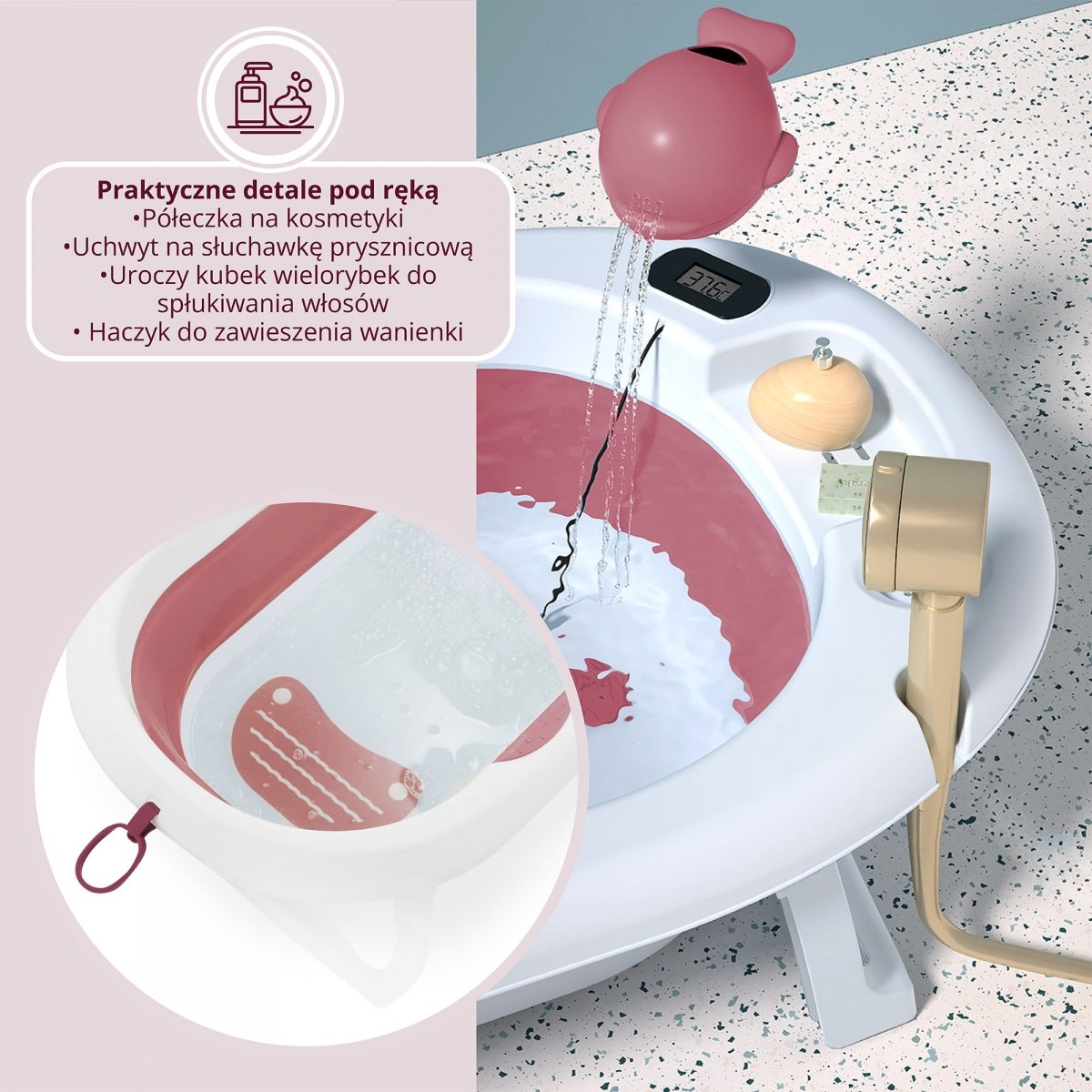 Składana wanienka dziecięca z termometrem, wkładką i stojakiem - kolor brudny róż