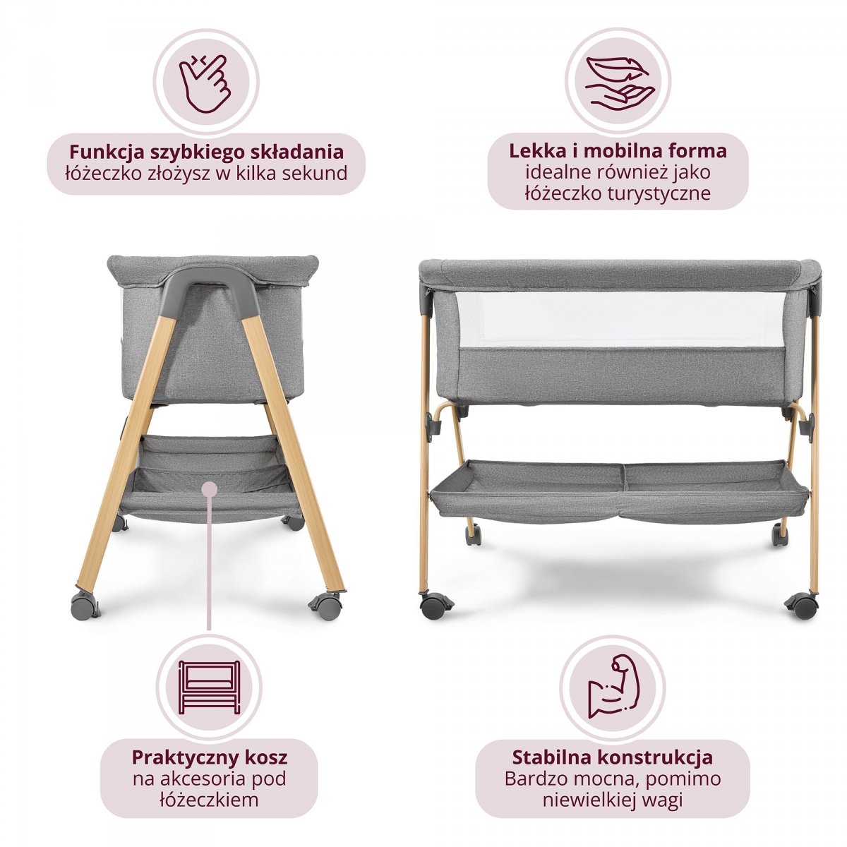 Łóżeczko niemowlęce, wolnostojące, turystyczne, kołyska z materacem – szare