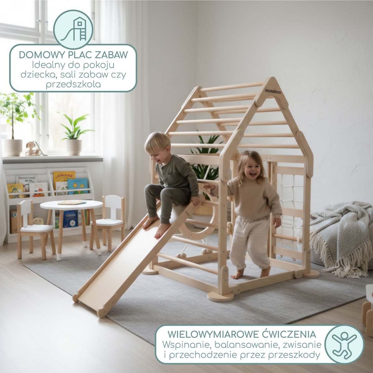 Drewniany domowy plac zabaw dla dzieci – domek z drabinkami i zjeżdżalnią