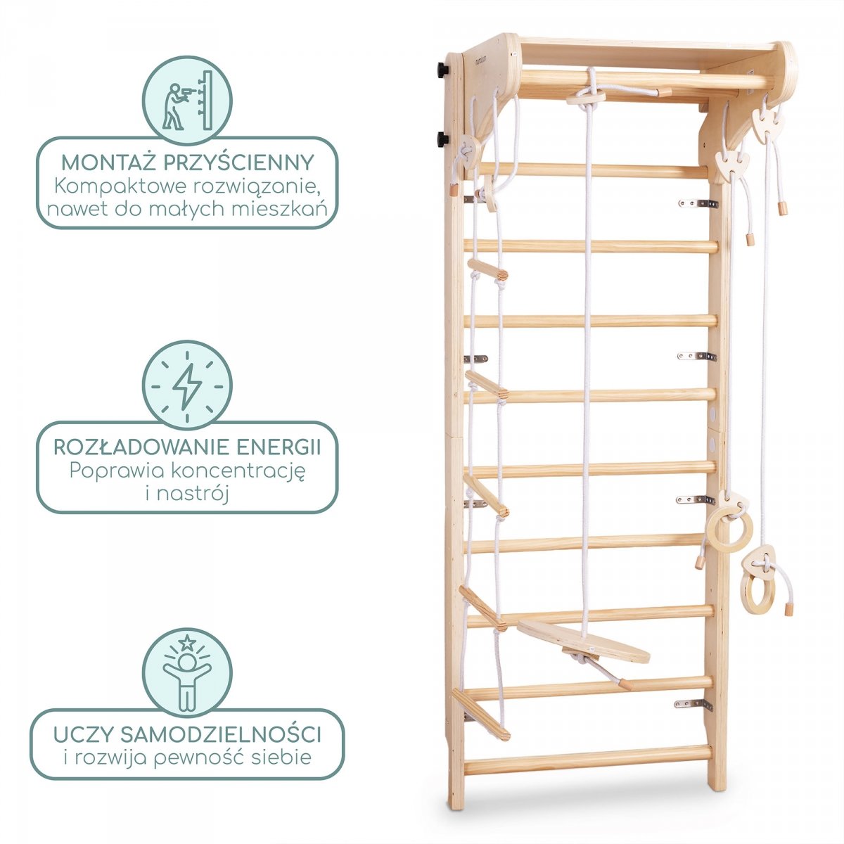 Drewniana drabinka gimnastyczna dla dzieci z akcesoriami – huśtawka talerzowa, kółka gimnastyczne i drabinka linowa