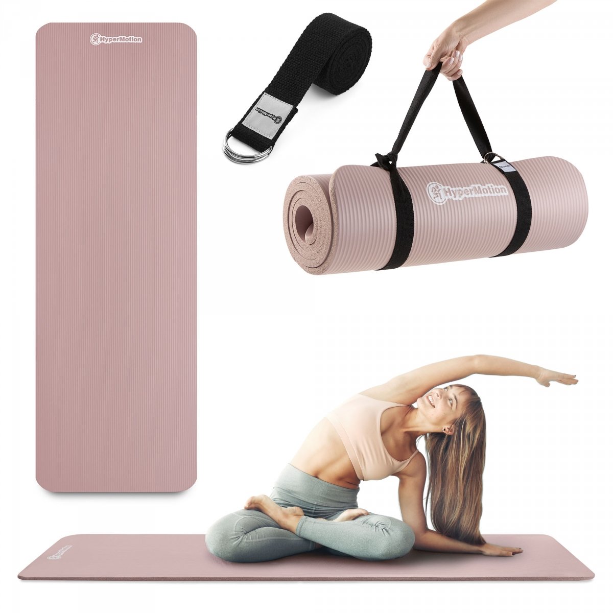 Mata do ćwiczeń fitness i jogi NBR z wielofunkcyjnym paskiem do ćwiczeń i przenoszenia - 183 x 61 x 1,5 cm HyperMotion - kolor brudny róż