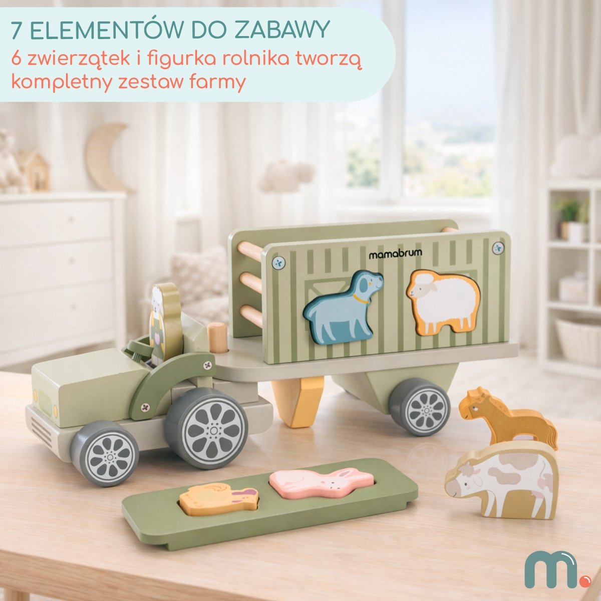 Drewniany traktor z przyczepą i zwierzątkami - sorter kształtów - farma