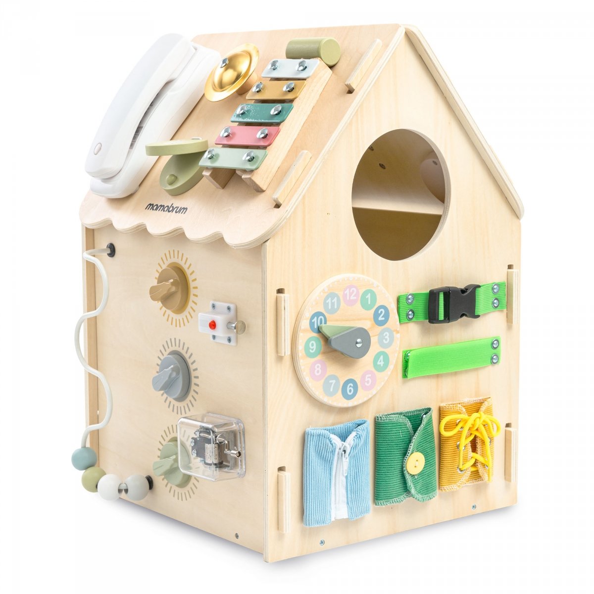 Drewniany, edukacyjny domek aktywności Montessori 6 w 1- sensoryczna tablica manipulacyjna